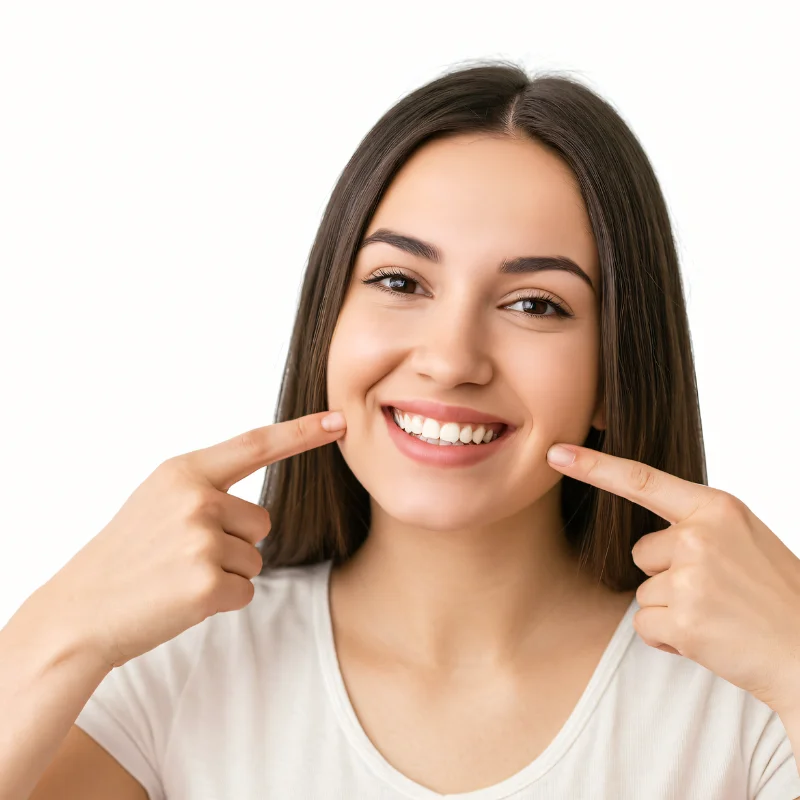 Smiling patient pointing to healthy teeth after root canal treatment at Riverfront Dental in Cambridge Ontario