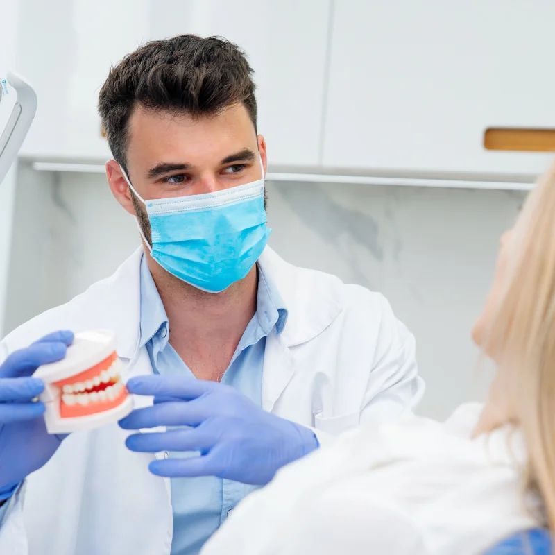 Dentist explaining dental treatment using a tooth model during a consultation at Riverfront Dental in Cambridge Ontario