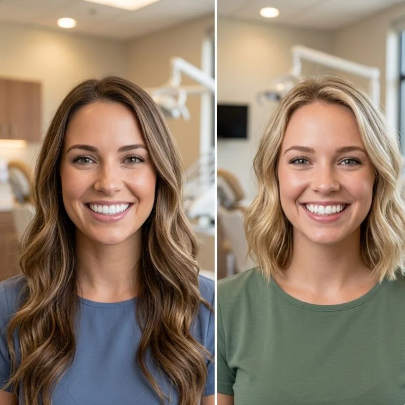 Side-by-side comparison of two smiling women showing cosmetic dentistry results like veneers or bonding at Riverfront Dental in Cambridge Ontario